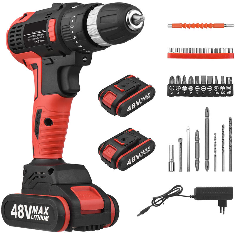 

Destornillador inalambrico Yuclam Destornillador electrico Taladro de impacto sin escobillas de dos velocidades con luz LED 25 + 1 par de torsion Eje