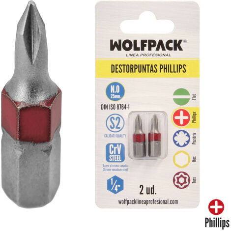 Destorpuntas phillips Nº 0 largas hexagonales para destornillador fabricadas en acero S2 al cromo vanadio (Blíster de 2 piezas)
