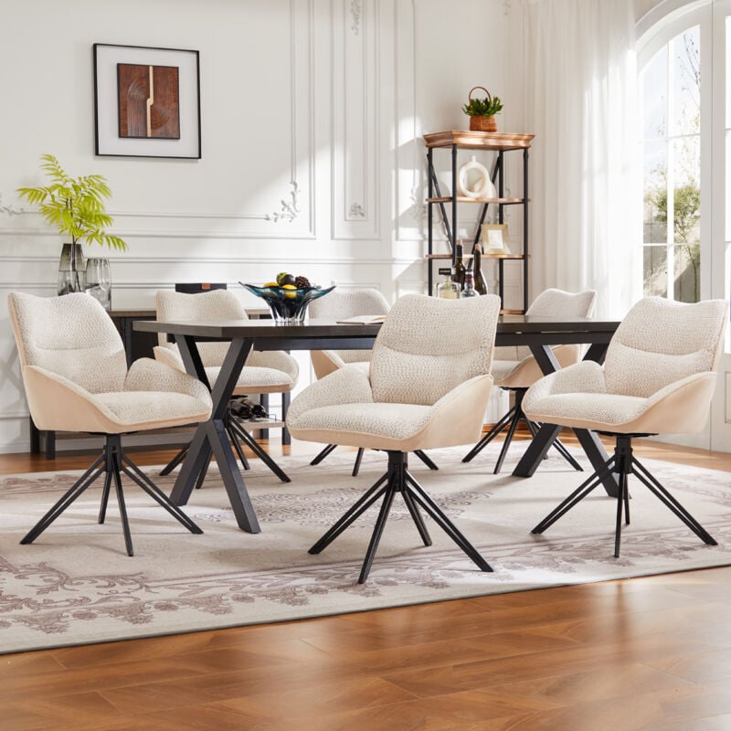 Redom - Chaises de salle à manger (6 pcs), pivotantes à 360°, fauteuil de salon, Sherpa, assise moelleuse, coussin large, structure en fer, blanc