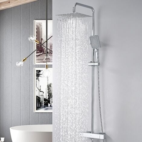 DETBOM Colonna Doccia Termostatica Sistema Doccia Cromato Elegante Set Doccia con Miscelatore Termostatico per Bagno Soffione Doccia a Pioggia Quadrato