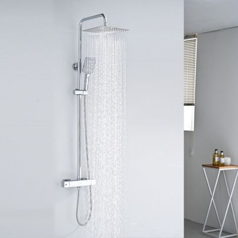DETBOM Colonna Doccia Termostatica Sistema Doccia Cromato Elegante Set Doccia con Miscelatore Termostatico per Bagno Soffione Doccia a Pioggia Quadrato