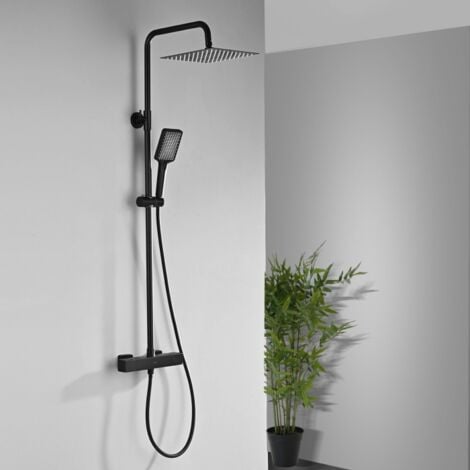 DETBOM Columna de Ducha Termostática Sistema de Ducha Negro Conjunto de Ducha de Altura Ajustable con Mezclador Termostático para Baño Cabezal de Ducha de lluvia Cuadrado