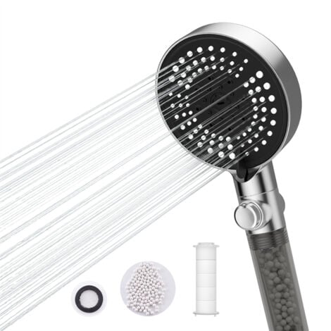 DETBOM Douchette à Main 6 Jets au Choix Pommeau de Douche Chromé avec Bouton Stop Douchette avec Anti Calcaire Filtrant et Coton PP Remplaçabl