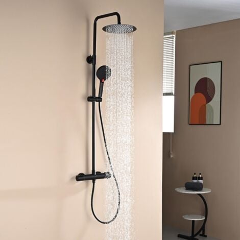 DETBOM Duschsäulen mit Thermostat Schwarz Duschsystem Höhenverstellbares Duschset mit Thermostatmischer für Badezimmer Thermostat-Duschsäule 3 Strahlarten Handbrause