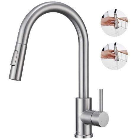 DETBOM Grifo de Cocina con Rociador Extraíble Grifo Mezclador de Cocina con Caño Giratorio Grifo Mezclador para Fregadero en Acero Niquelado Cepillado