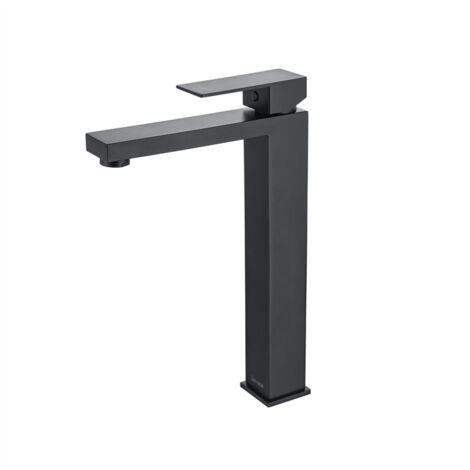 Detbom – Mitigeur de lavabo noir mat en acier inox – Hauteur 296mm – Bec haut pour vasque – Installation monotrou sur plage