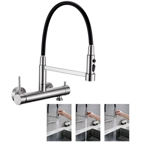 DETBOM Mitigeur Mural de Cuisine Robinet Cuisine avec Douchette 3 Jets Mitigeur d'évier avec Tuyaux Extractible Robinetterie en Acier Inox Brossé