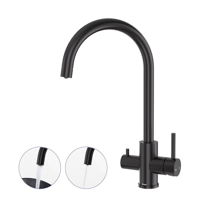 Detbom - Robinet de Cuisine 3 Voies Mitigeur Cuisine Noir en Acier Inox Robinet d'évier Rotatif à 360°Mitigeur Evier Cuisine Eau Potable Chaude et