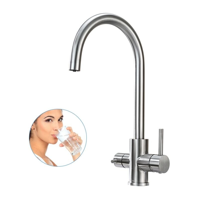 Detbom - Robinet de Cuisine 3 Voies Mitigeur Cuisine Rotatif à 360° Mitigeur Evier Cuisine Eau Filtrée Chaude et Froide Mitigeur Acier Brossé