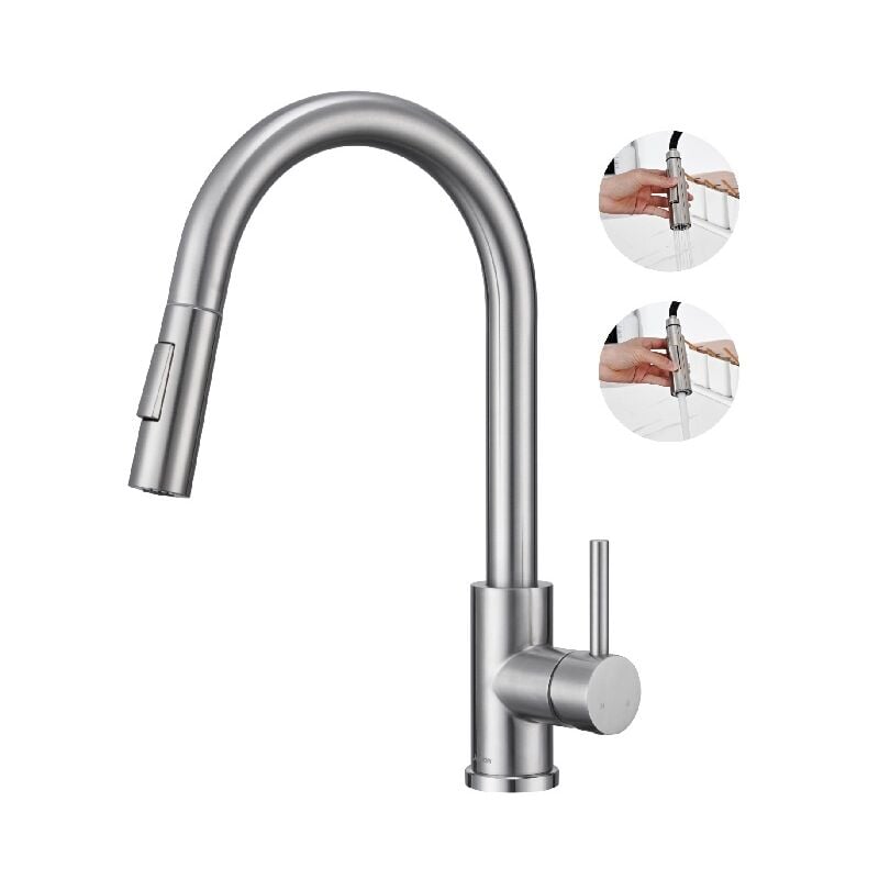 Robinet de Cuisine avec Douchette Extractible Mitigeur Cuisine Bec Rotatif Mitigeur d'Évier en Acier Nickel Brossé - Detbom