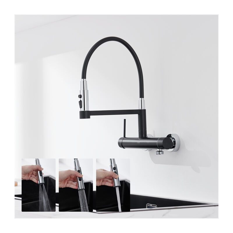 Mitigeur Mural de Cuisine Noir Robinet Cuisine avec Douchette 3 Jets Mitigeur d'évier avec Tuyaux Extractible Robinetterie en Acier Inox Pivotant à