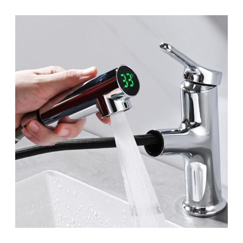 Detbom - Mitigeur de Lavabo avec Douchette Extractible Robinet Salle de Bain avec 2 Modes Mitigeur Salle de Bain avec led Intelligent Chrome Elégante