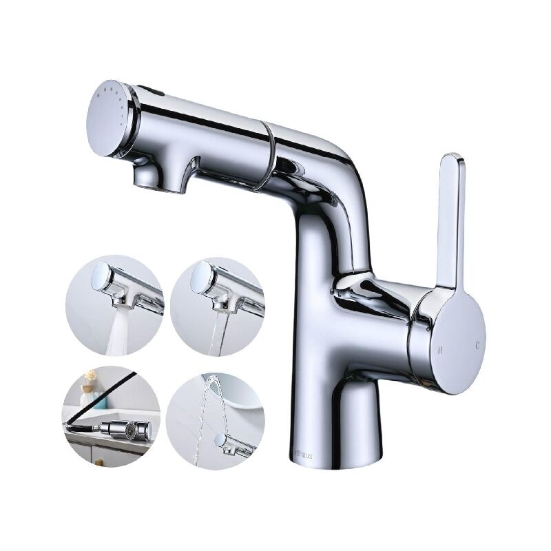 Bunthaus - detbom Robinet Salle de Bain avec Douchette Extractible Mitigeur de Lavabo avec 3 Jets Robinet Lavabo Chrome avec Jet Supérieur pour