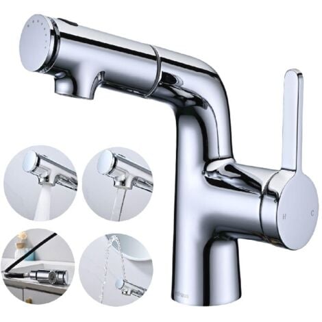 BUNTHAUS DETBOM Rubinetto per Bagno con Doccetta Estraibile Miscelatore per Lavabo con 3 Getti Rubinetto per Lavabo Cromato con Getto Superiore per Llavarsi i Denti