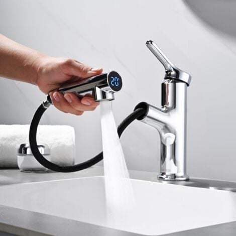 DETBOM Rubinetto per Bagno con Doccia Estraibile 2 Getti Miscelatore per Lavabo con LED Intelligente Rubinetto per Lavabo da Bagno Elegante Cromato
