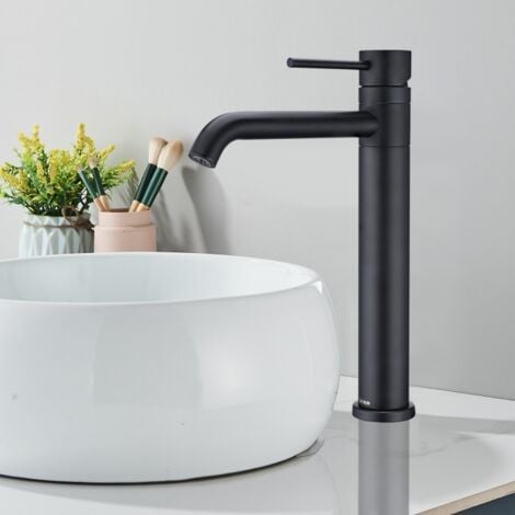 DETBOM Waschtischarmatur Bad Schwarz Mischbatterie Bad Hoch 360° Drehbar Einhebelmischer Moderner Wasserhahn Bad Hoch für Waschbecke