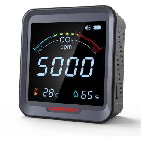 Détecteur CO2 portable NDIR – Mesure 400-5000 ppm – Température et humidité – Autonomie 18h – Installation murale facile – Durficst