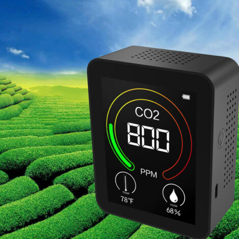 Détecteur d'Air Qualité Digital USB Rechargeable Moniteur CO₂ Température Humidité TVOC Noir ABS