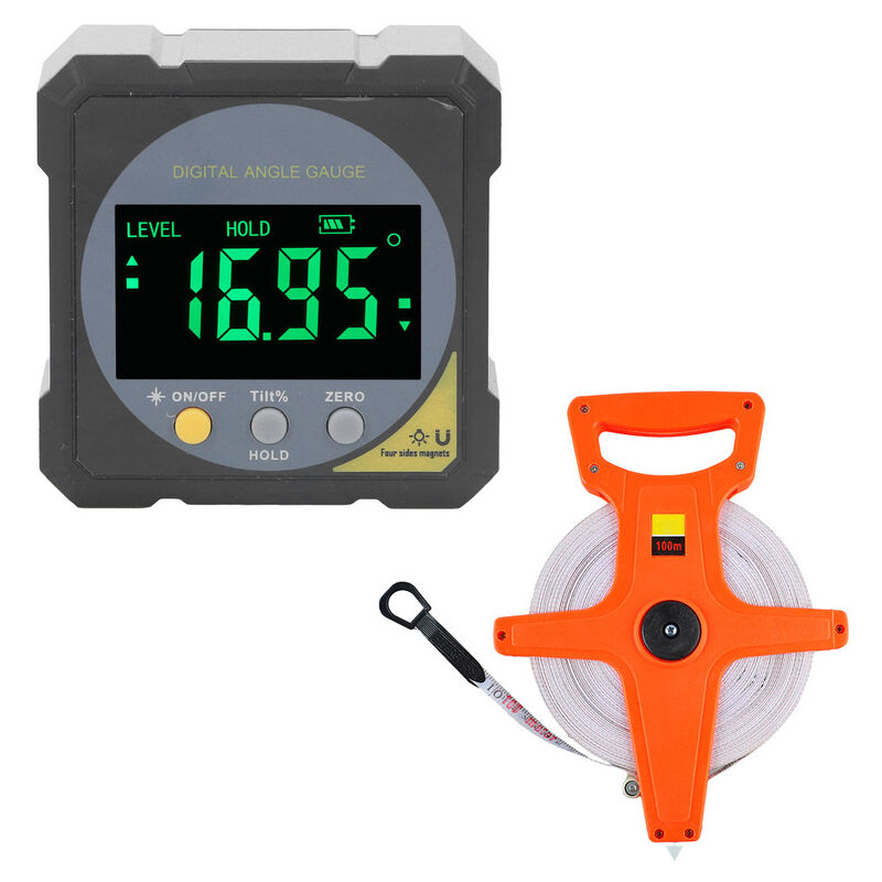 Détecteur d'angle lcd noir rétro-éclairé IP54 étanche écran lcd numérique jauge d'angle magnétique inclinomètre et ruban à mesurer pliable 100M