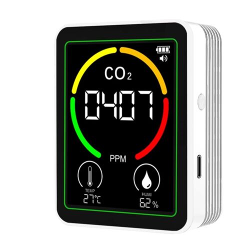 Détecteur De C02, Moniteur Qualité L'air Intérieur,Testeur L'Air,Thermomètre Et Hygromètre À Chargement USB pour La Maison, L'école, Le Bureau, White -