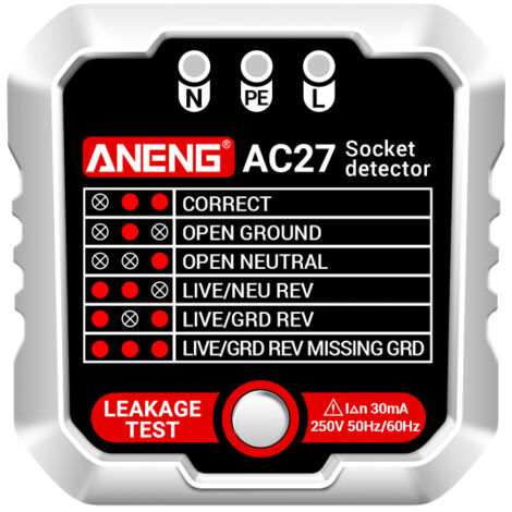Détecteur de circuit électrique pour circuits domestiques, tester de prise 250V avec détection rapide de polarité, terre et fuite de courant