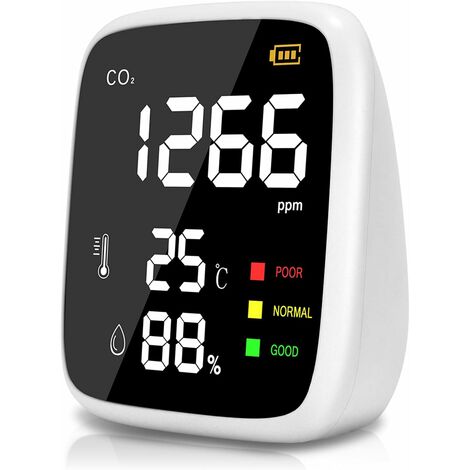 Détecteur de CO2, 400 à 5000 PPM Capteur CO2 Maison, Mini Compteur Detecteur CO2, Température de Haute Précision D'Humidité Relative Testeur avec 3 Indicateur Couleur Lumière et écran de Surbrillance