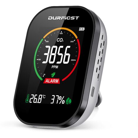 Détecteur de CO2 – Moniteur de qualité de l'air avec alarme – Capteur NDIR – Rechargeable 1500 mAh – Plage 400-5000 PPM – Durficst