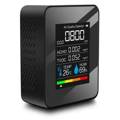 Détecteur de CO2 TVOC HCHO，Détecteur de qualité de l'air Portable Mesure de CO2 Mesure de température numérique Testeur d'humidité Détecteur de dioxyde de Carbone TVOC Formaldeide HCHO，Noir