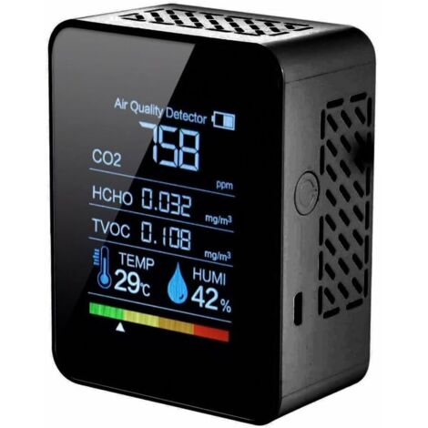 Détecteur de dioxyde de carbone 5 en 1 Détecteur de qualité d'air intérieur CO2 Compteur numérique TVOC HCHO Moniteur de température et d'humidité Testeur de rétroéclairage (Noir)
