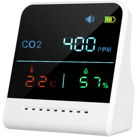 Détecteur de dioxyde de carbone Affichage LCD Concentration de CO2 Détection de la qualité de l'air Mesureur de température et d'humidité Blanc (Batterie intégrée)