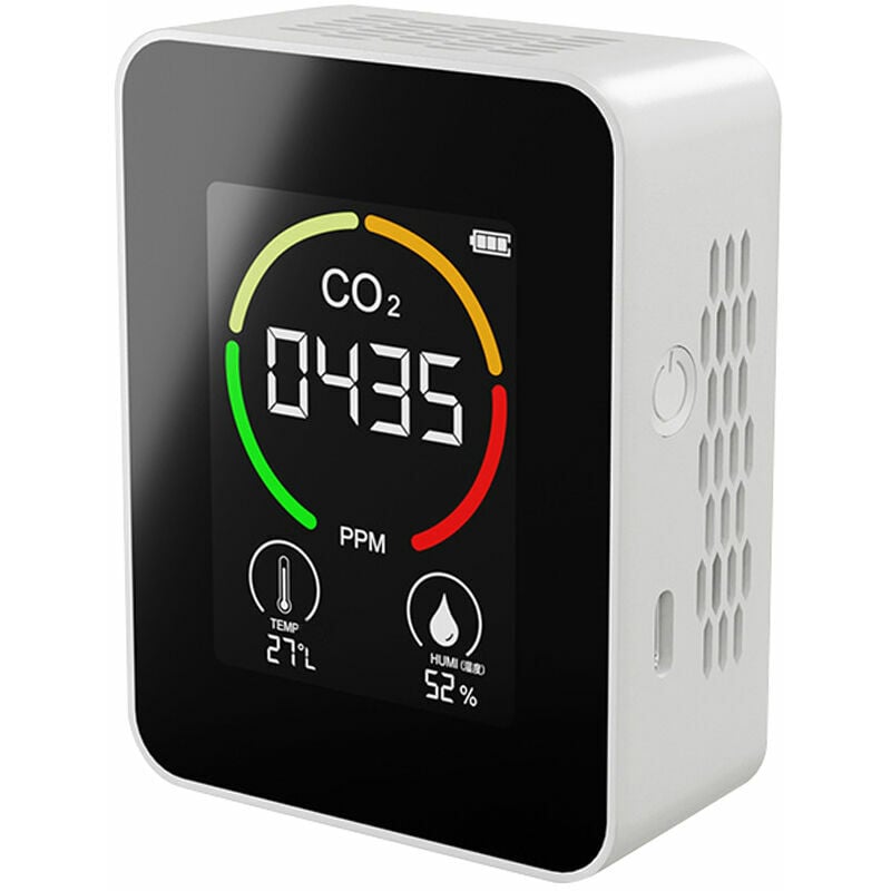 Detecteur de dioxyde de carbone CO2, affichage de la temperature et de l'humidite, detecteur portable de qualite de l'air domestique, blanc