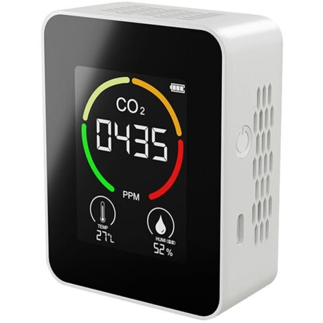 Detecteur de dioxyde de carbone CO2. affichage de la temperature et de l'humidite. detecteur portable de qualite de l'air domestique. blanc