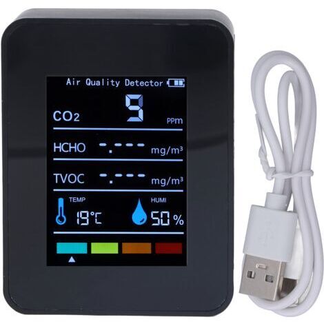 Détecteur de dioxyde de carbone CO2 noir LCD TVOC HCHO, moniteur de température et d'humidité de la qualité de l'air