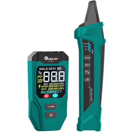 Détecteur de disjoncteurs et testeur de prises numérique – traqueur IA avec écran LCD couleur, affichage temps déclenchement GFCI, batterie rechargeable, sensibilité réglable, vert (UE)