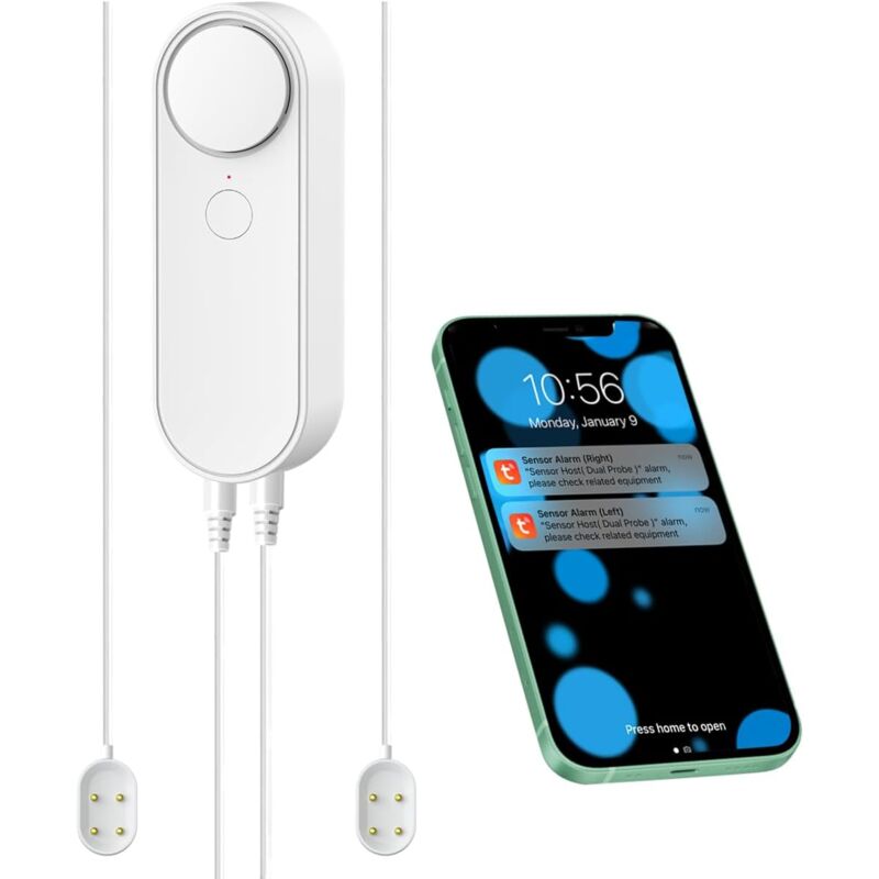 Détecteur de fuite d'eau WiFi avec double échantillon, alarme de capteur d'eau intelligente, ligne de détection double 5 m, double alarme à gauche et