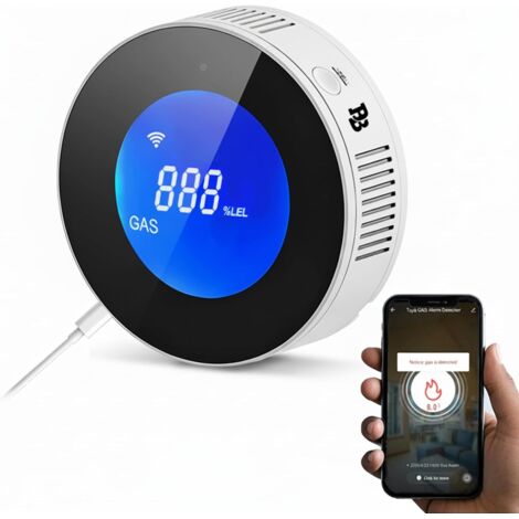 Détecteur de Gaz Connecté WiFi Intelligent, Détecteur de Fuite de Gaz Naturel/Méthane/GPL/Carbone, Écran LCD, Alarme 85dB, Compatible APP, Certifié en 50194