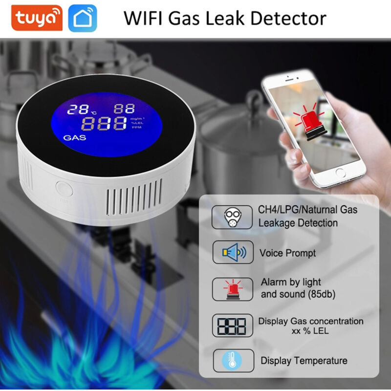 Détecteur de Gaz WiFi Intelligent, Détecteur de Fuite de Gaz Naturel/Méthane/GPL/Carbone, Écran LCD, Alarme 85dB, Compatible Alexa & Google Home,