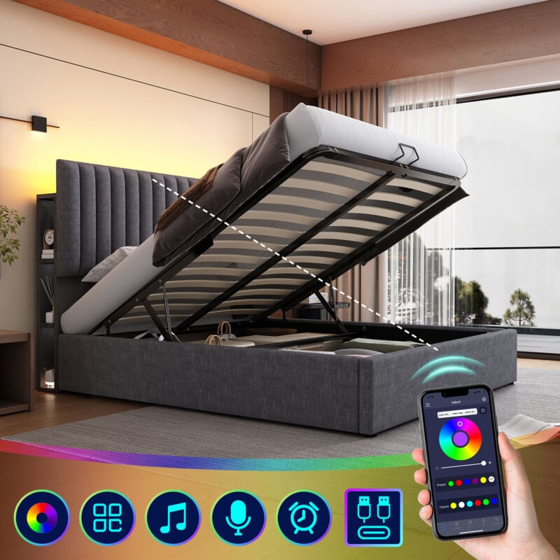 Hommoo - Lit coffre Lit rembourré double 160 x 200 cm avec sommier à lattes en bois, led avec chargement usb Type c, gris, sans matelas