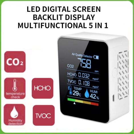 Détecteur de monoxyde de carbone 5-en-1 (CO2, TVOC, HCHO, température, humidité)  Maison  Éducation et santé  Émissions environnementales