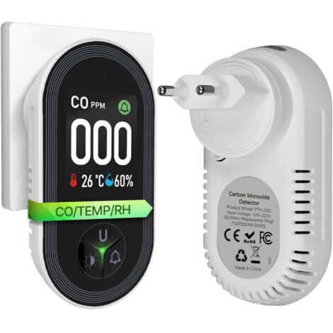 Détecteur de Monoxyde de Carbone avec Prise - Détecteur CO avec Capteur de Température & Humidité - Alarme Sonore pour Propane, Méthane, Éthane & CO - pour Maison et Caravane