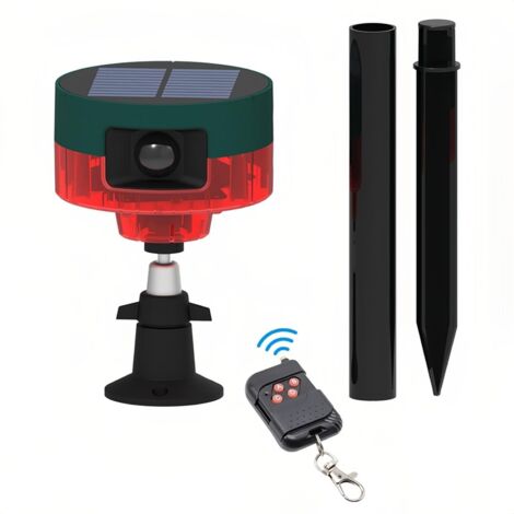 Détecteur de Mouvement Solaire Alarme Répulsive 360°Détecteur de Mouvement Sirène Bruyante Lumière Clignotante LED IP55 Etanche avec Télécommande Enregistrement Vocal à Haut Volume, Rouge