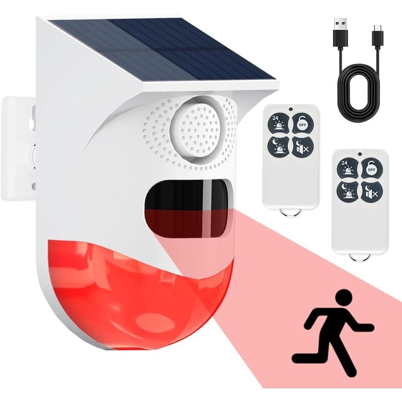 Detecteur de Mouvement Solaire, Détecteur de Mouvement Exterieur, Detecteur de Presence Infrarouge sans Fil, Son 120dB et Étanche Ip67, Alarme Maison