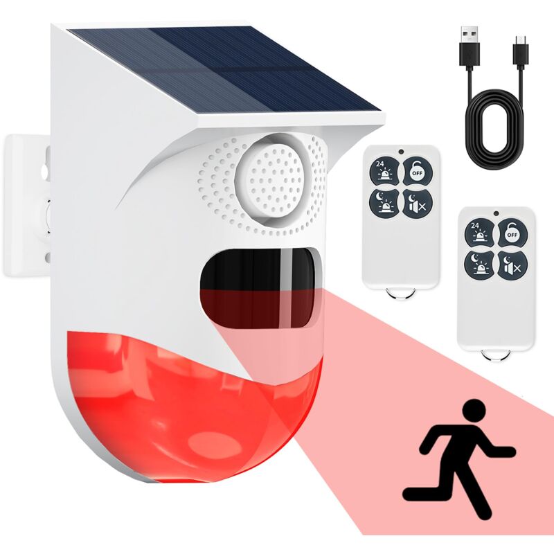 Detecteur de Mouvement Solaire, Détecteur de Mouvement Exterieur, Detecteur de Presence Infrarouge sans Fil, Son 120dB et Étanche Ip67, Alarme Maison