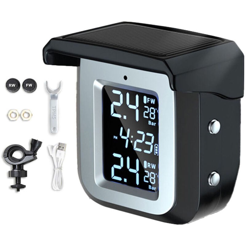 Détecteur de pression des pneus de moto solaire Système de surveillance de la pression des pneus sans fil Détecteur TPMS étanche avec 2 capteurs