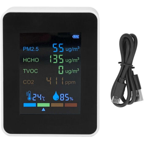 Détecteur de Qualité d'Air 6 en 1 avec Mesure CO2, PM2.5, HCHO, Température - Alimentation USB - Blanc