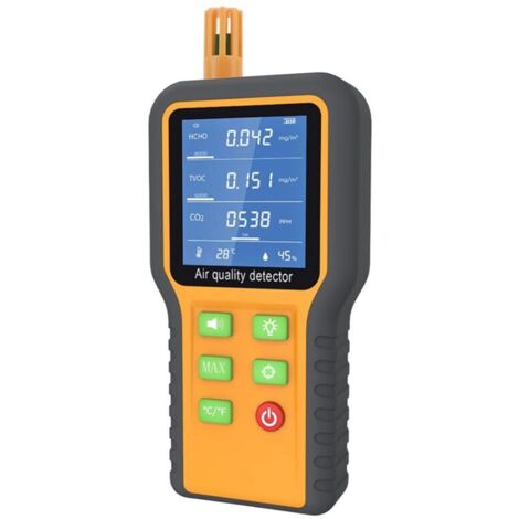 Détecteur de Qualité d'Air Intérieur CO2 Formaldéhyde TVOC Température Humidité avec Alarme Sonore Écran Rétroéclairé