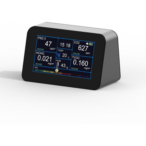 Détecteur de Qualité d'Air Intérieur Multifonction 6-en-1 - Moniteur de CO2, PM2.5, Formaldéhyde HCHO, TVOC, Température et Humidité - Analyseur de Particules Fines avec Affichage LCD Couleur, Idéal p