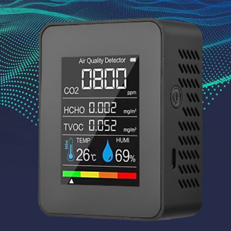 Détecteur de qualité d'air multifonction : Mesure Formaldéhyde, CO2, Particules, Température, Humidité - Capteur 5 en 1 Noir