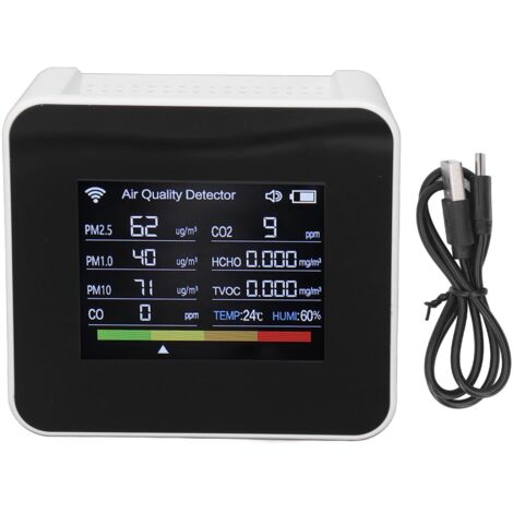Détecteur de Qualité d'Air WiFi avec Affichage Numérique - Moniteur CO2, HCHO, TVOC, PM2.5 et CO Multifonction