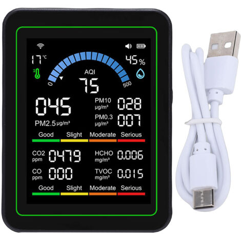 Détecteur de qualité de l'air 10 en 1, CO2 TVOC HCHO PM2.5 PM10 PM0.3, testeur d'intérieur multifonctionnel, prise en charge de l'application intelligente Tuya, noir
